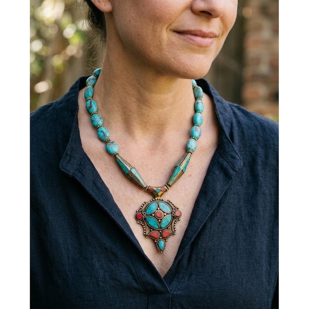 Vintage Brass Blue Stone Statement Necklace Southwestern Enamel Boho